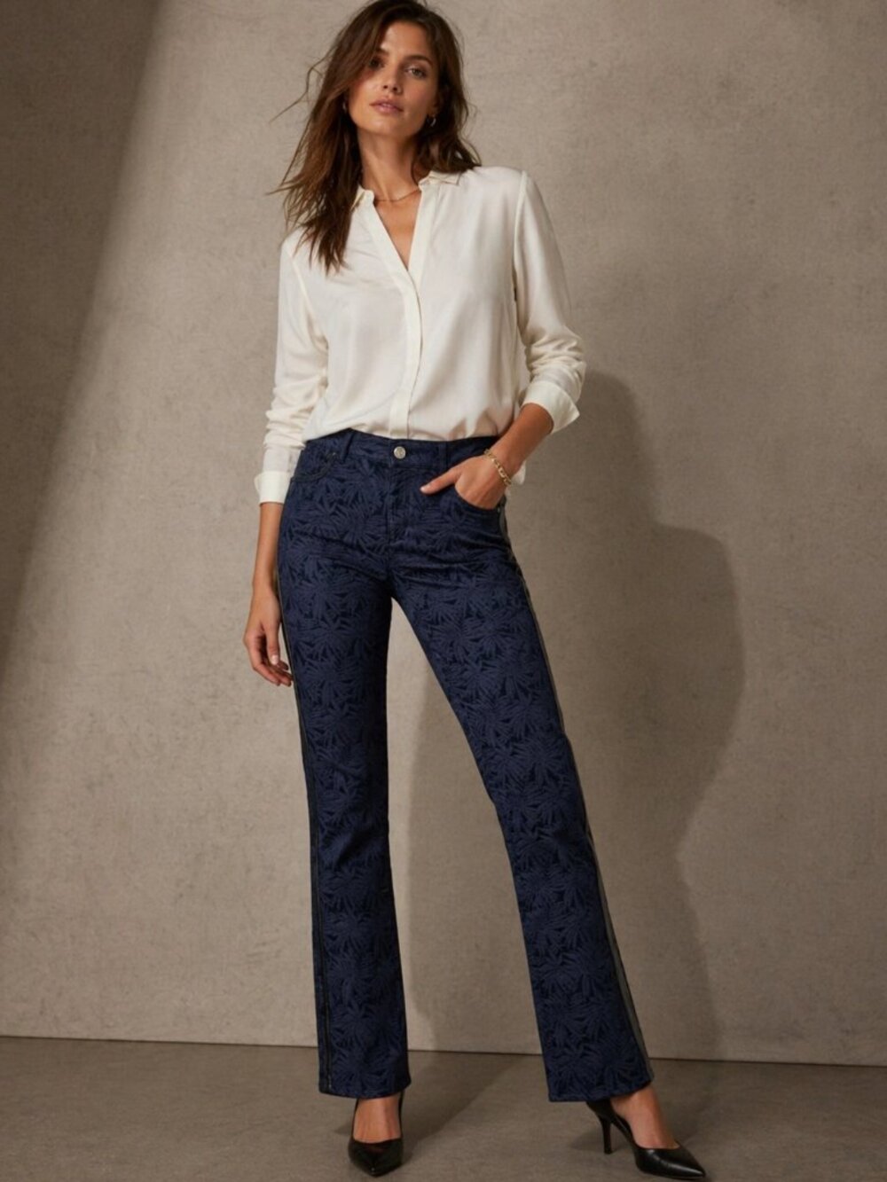 Lafayette 148 Floral Print Jeans Leather Trim Pants Size 4